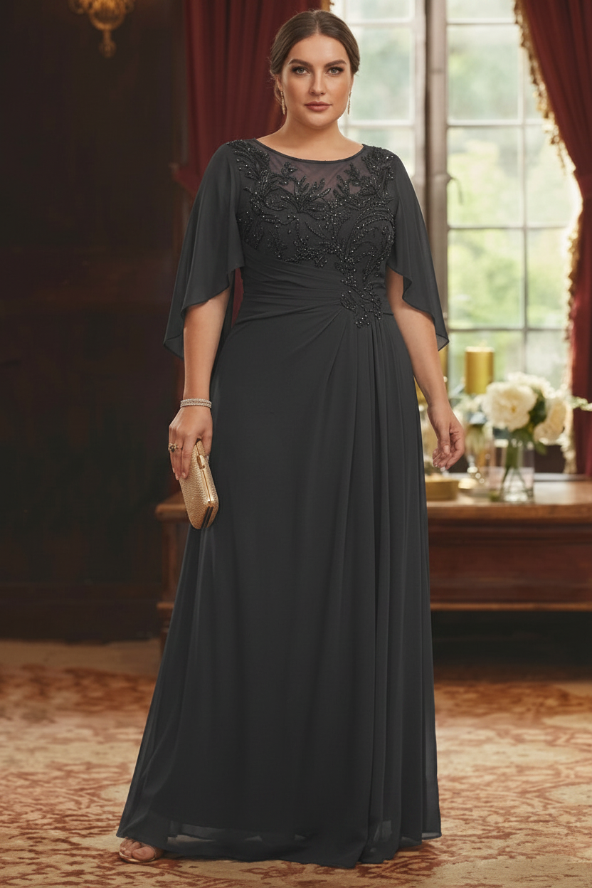 A-Line/Princess Scoop Chiffon Plus Size Mother of the Bride Dresses Lace Half Sleeves Floor-Length