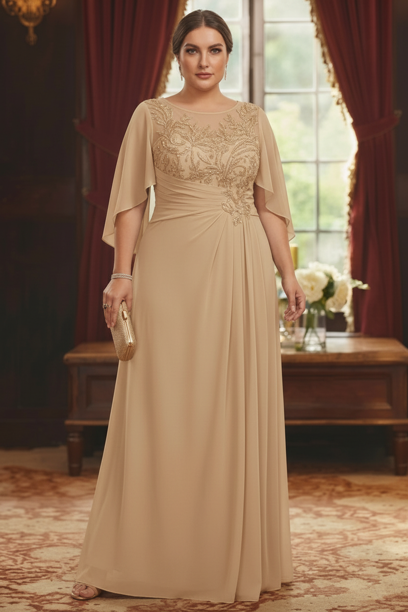 A-Line/Princess Scoop Chiffon Plus Size Mother of the Bride Dresses Lace Half Sleeves Floor-Length