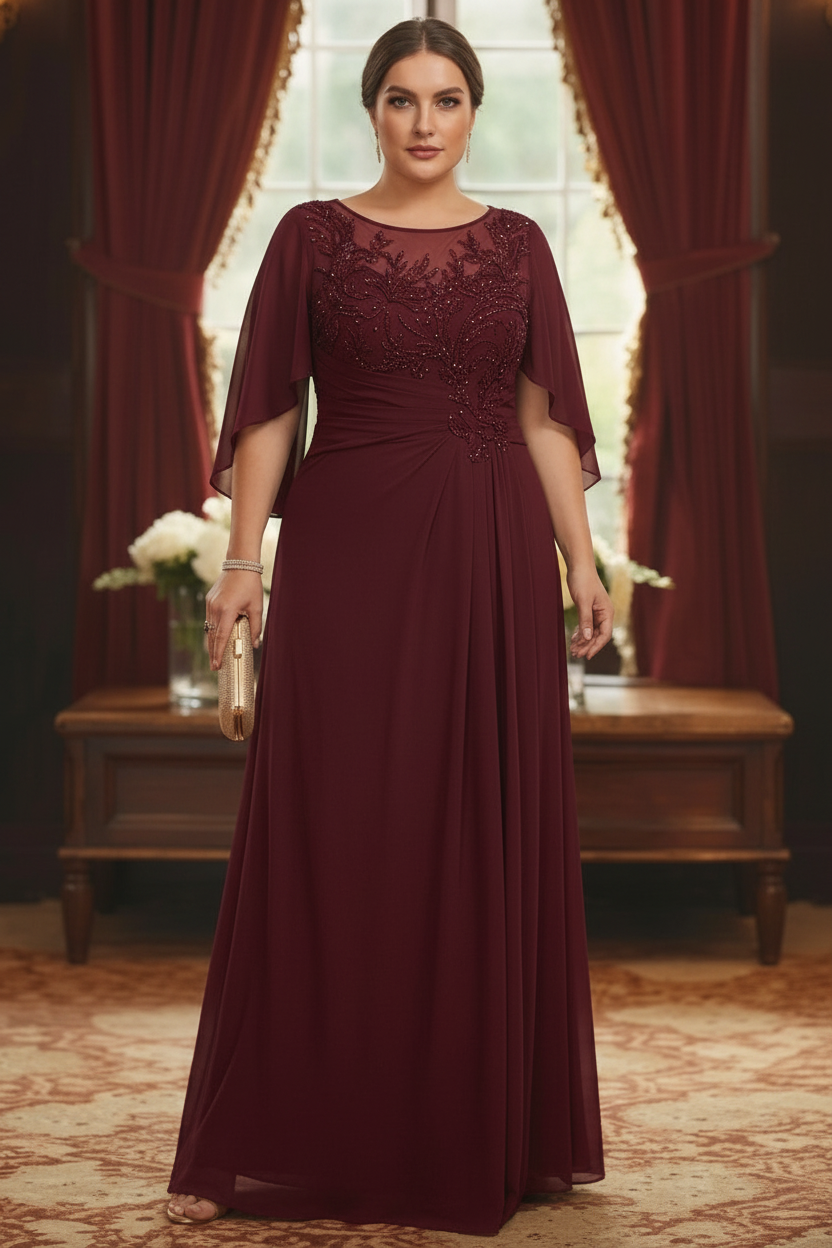 A-Line/Princess Scoop Chiffon Plus Size Mother of the Bride Dresses Lace Half Sleeves Floor-Length