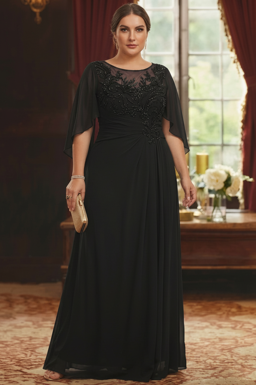 A-Line/Princess Scoop Chiffon Plus Size Mother of the Bride Dresses Lace Half Sleeves Floor-Length
