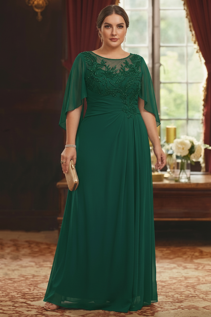 A-Line/Princess Scoop Chiffon Plus Size Mother of the Bride Dresses Lace Half Sleeves Floor-Length