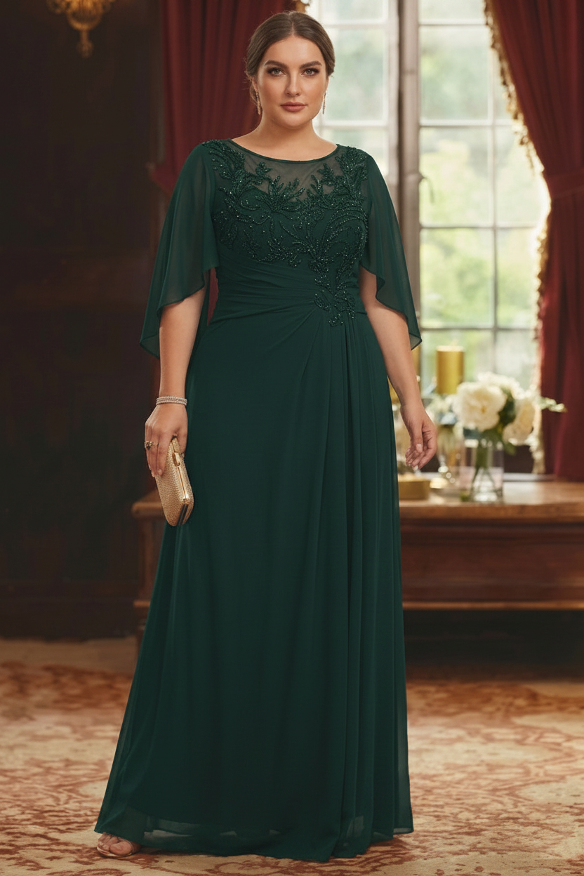A-Line/Princess Scoop Chiffon Plus Size Mother of the Bride Dresses Lace Half Sleeves Floor-Length