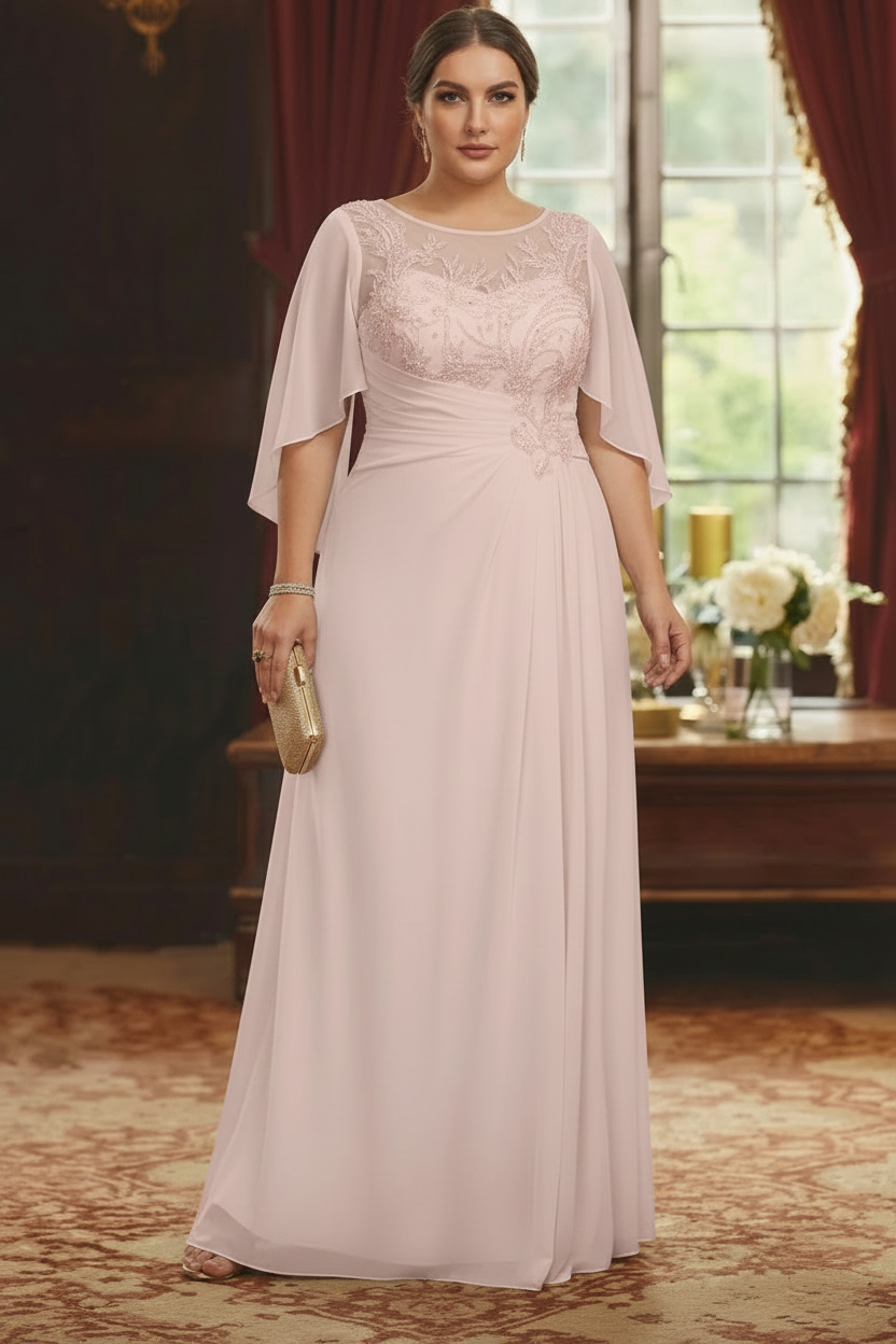 A-Line/Princess Scoop Chiffon Plus Size Mother of the Bride Dresses Lace Half Sleeves Floor-Length