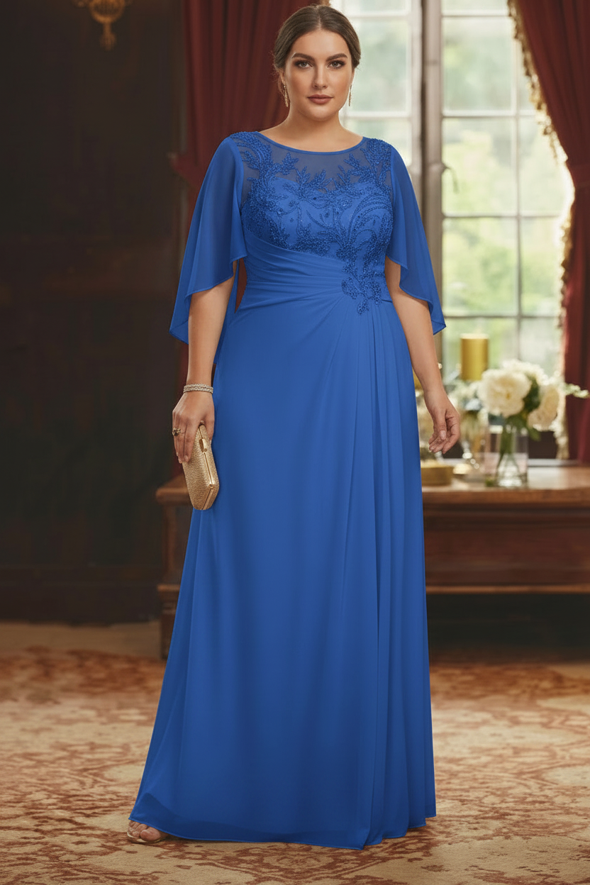 A-Line/Princess Scoop Chiffon Plus Size Mother of the Bride Dresses Lace Half Sleeves Floor-Length