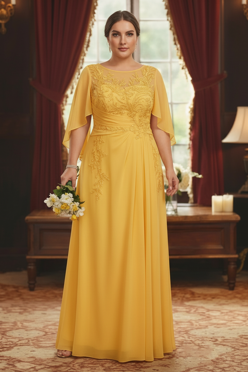 A-Line/Princess Scoop Chiffon Plus Size Mother of the Bride Dresses Lace Half Sleeves Floor-Length