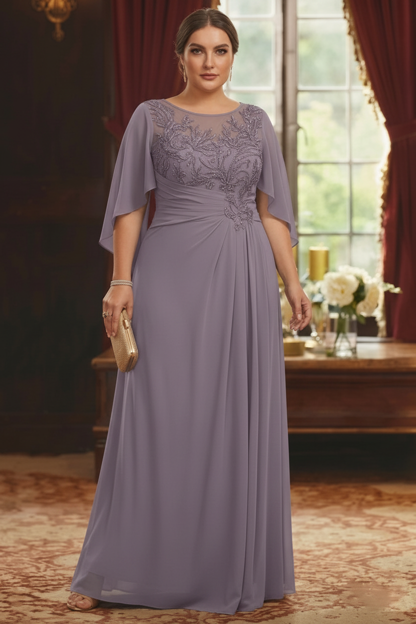 A-Line/Princess Scoop Chiffon Plus Size Mother of the Bride Dresses Lace Half Sleeves Floor-Length