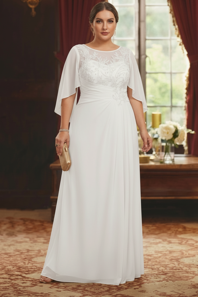 A-Line/Princess Scoop Chiffon Plus Size Mother of the Bride Dresses Lace Half Sleeves Floor-Length