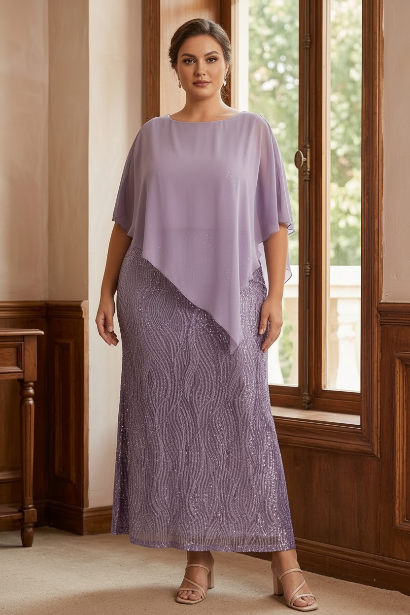 A-Line/Princess Scoop Half Sleeves Ankle-Length Sequined Plus Size Mother of e Bride Dresses with Wrap