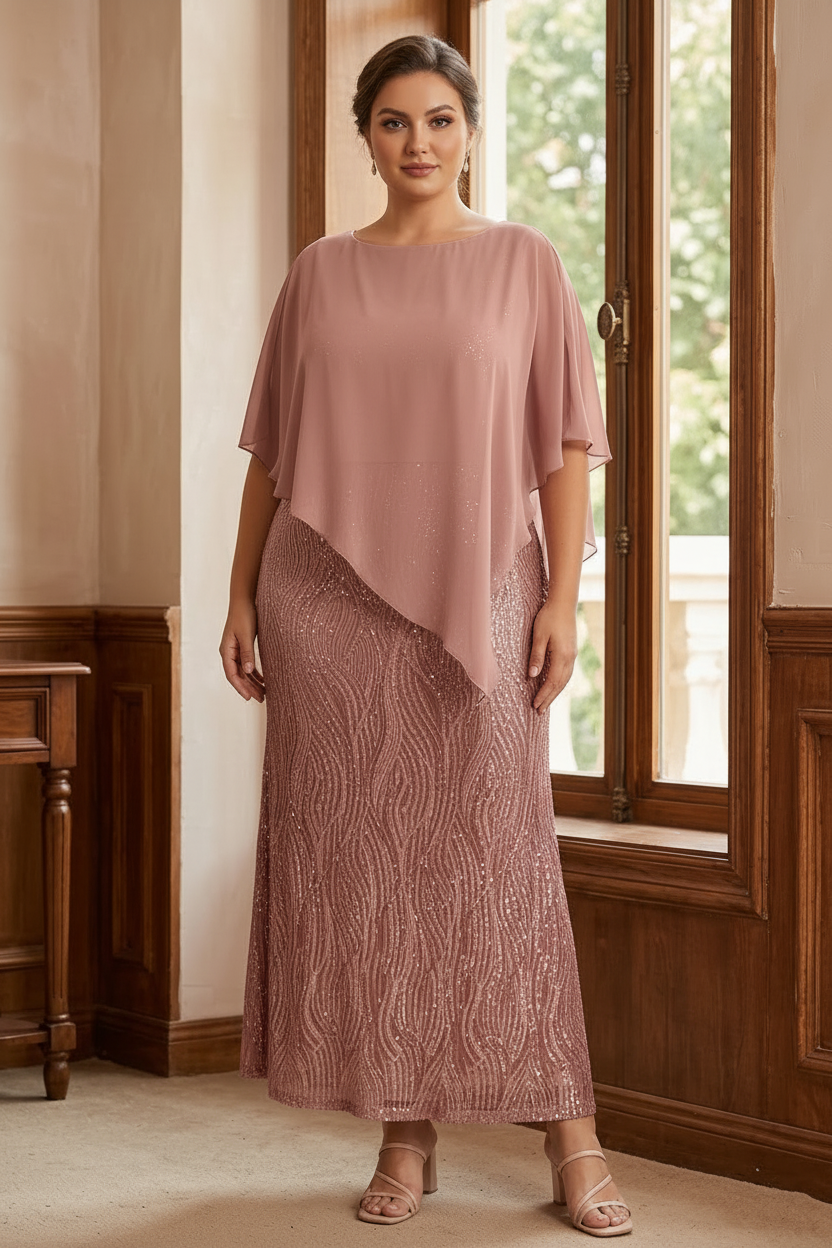 A-Line/Princess Scoop Half Sleeves Ankle-Length Sequined Plus Size Mother of e Bride Dresses with Wrap