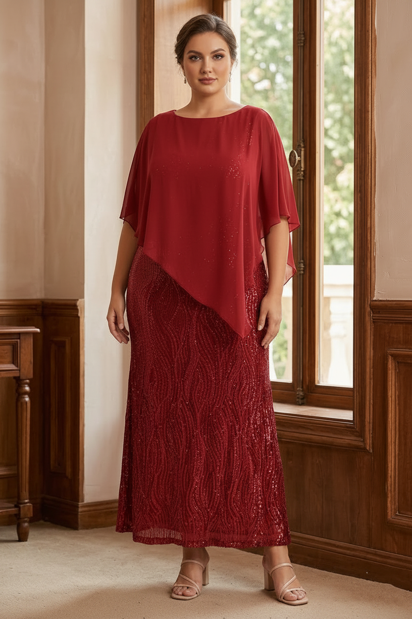 A-Line/Princess Scoop Half Sleeves Ankle-Length Sequined Plus Size Mother of e Bride Dresses with Wrap