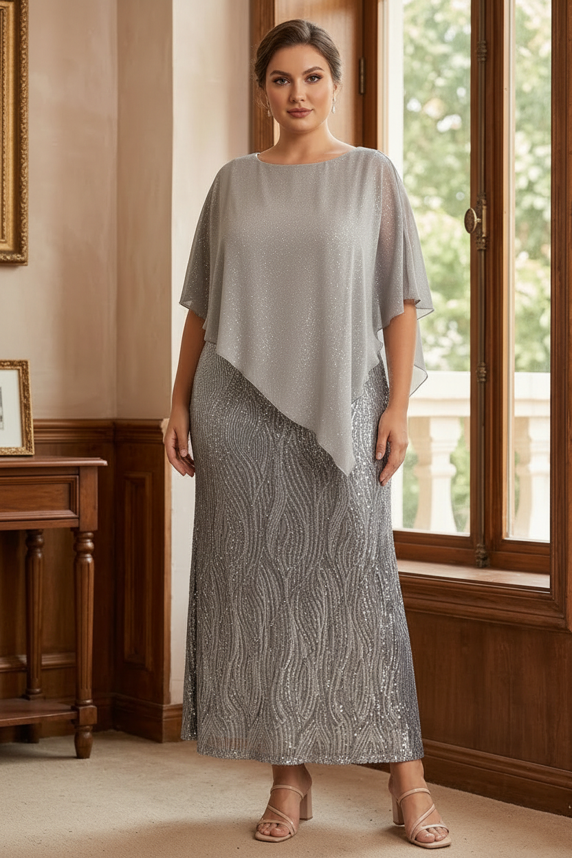 A-Line/Princess Scoop Half Sleeves Ankle-Length Sequined Plus Size Mother of e Bride Dresses with Wrap