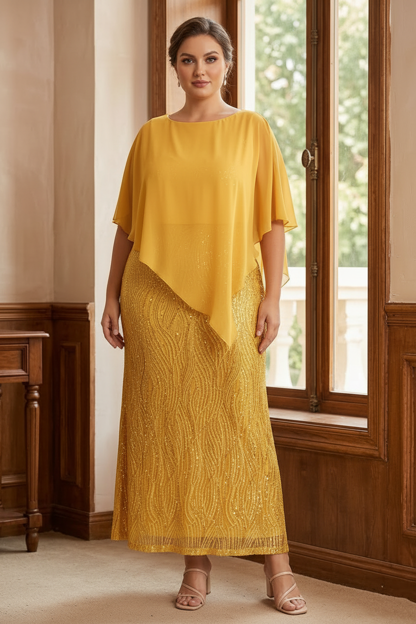 A-Line/Princess Scoop Half Sleeves Ankle-Length Sequined Plus Size Mother of e Bride Dresses with Wrap