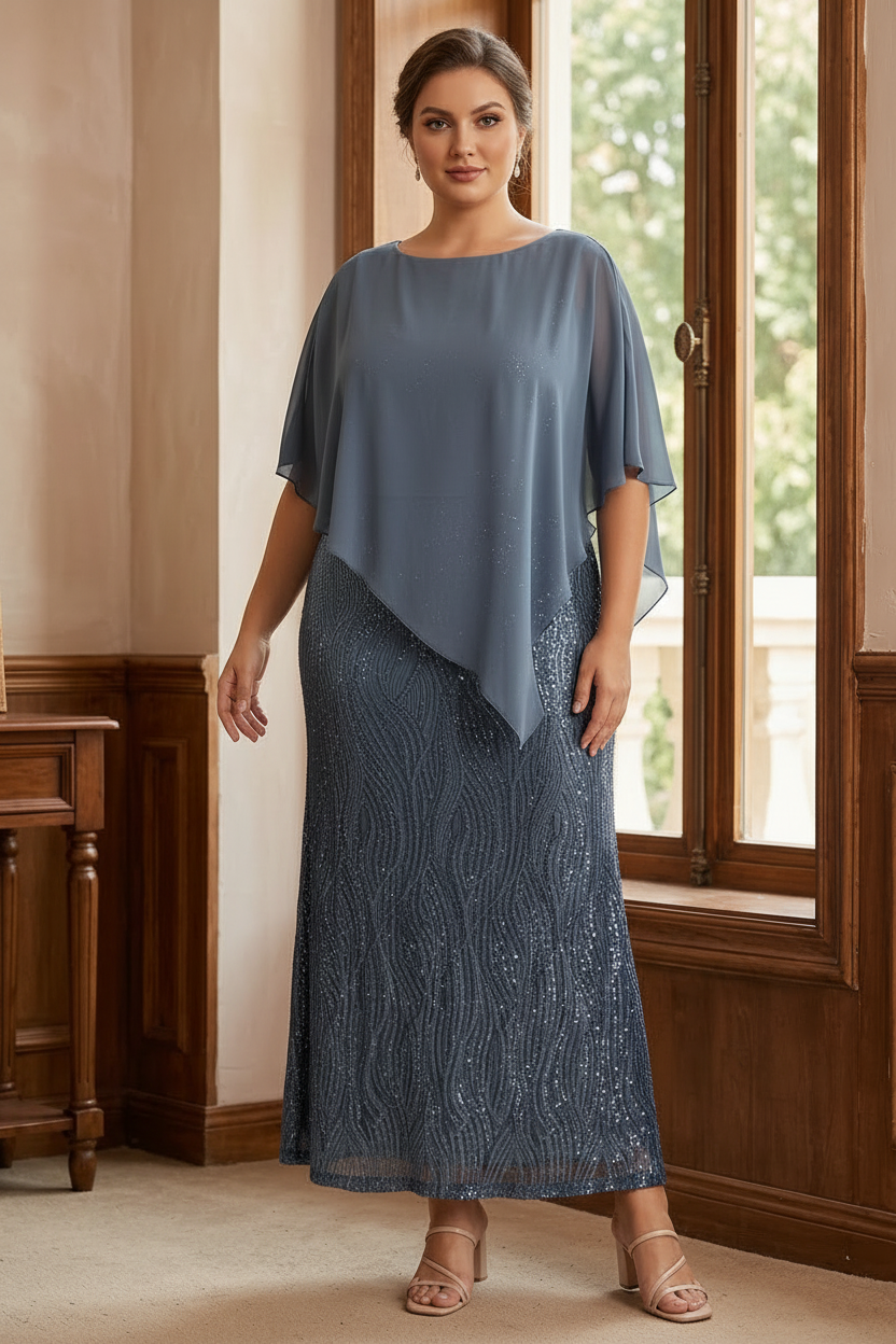 A-Line/Princess Scoop Half Sleeves Ankle-Length Sequined Plus Size Mother of e Bride Dresses with Wrap