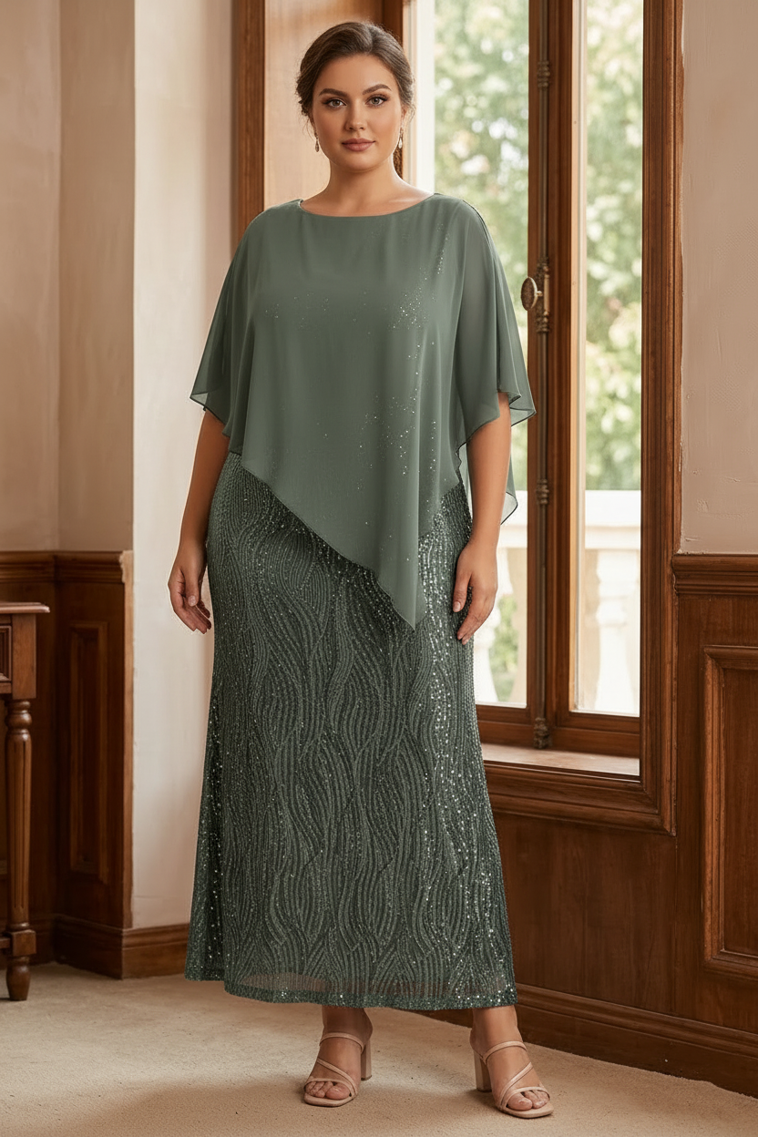 A-Line/Princess Scoop Half Sleeves Ankle-Length Sequined Plus Size Mother of e Bride Dresses with Wrap