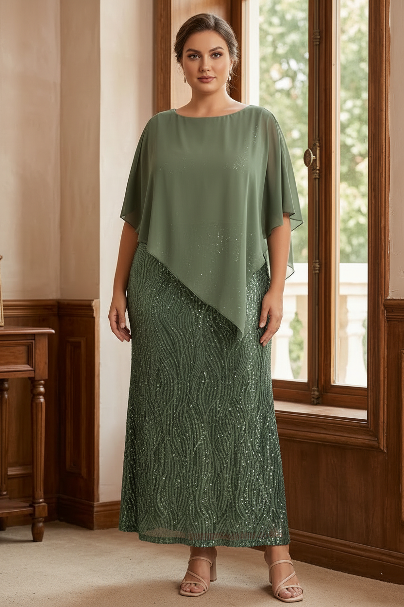 A-Line/Princess Scoop Half Sleeves Ankle-Length Sequined Plus Size Mother of e Bride Dresses with Wrap