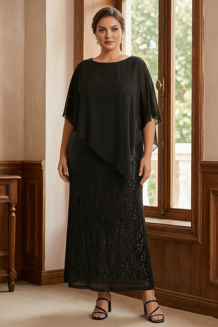 A-Line/Princess Scoop Half Sleeves Ankle-Length Sequined Plus Size Mother of e Bride Dresses with Wrap