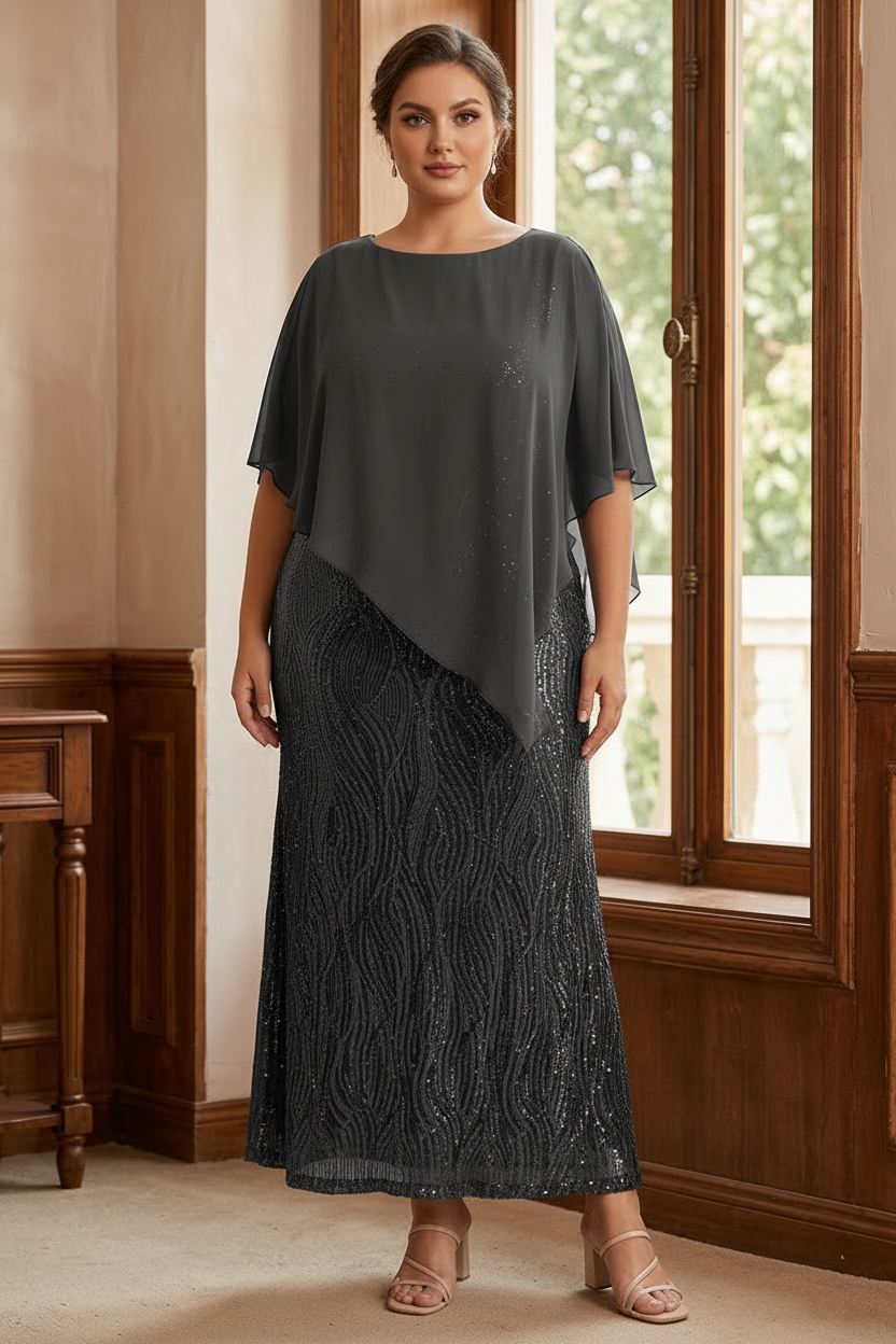 A-Line/Princess Scoop Half Sleeves Ankle-Length Sequined Plus Size Mother of e Bride Dresses with Wrap