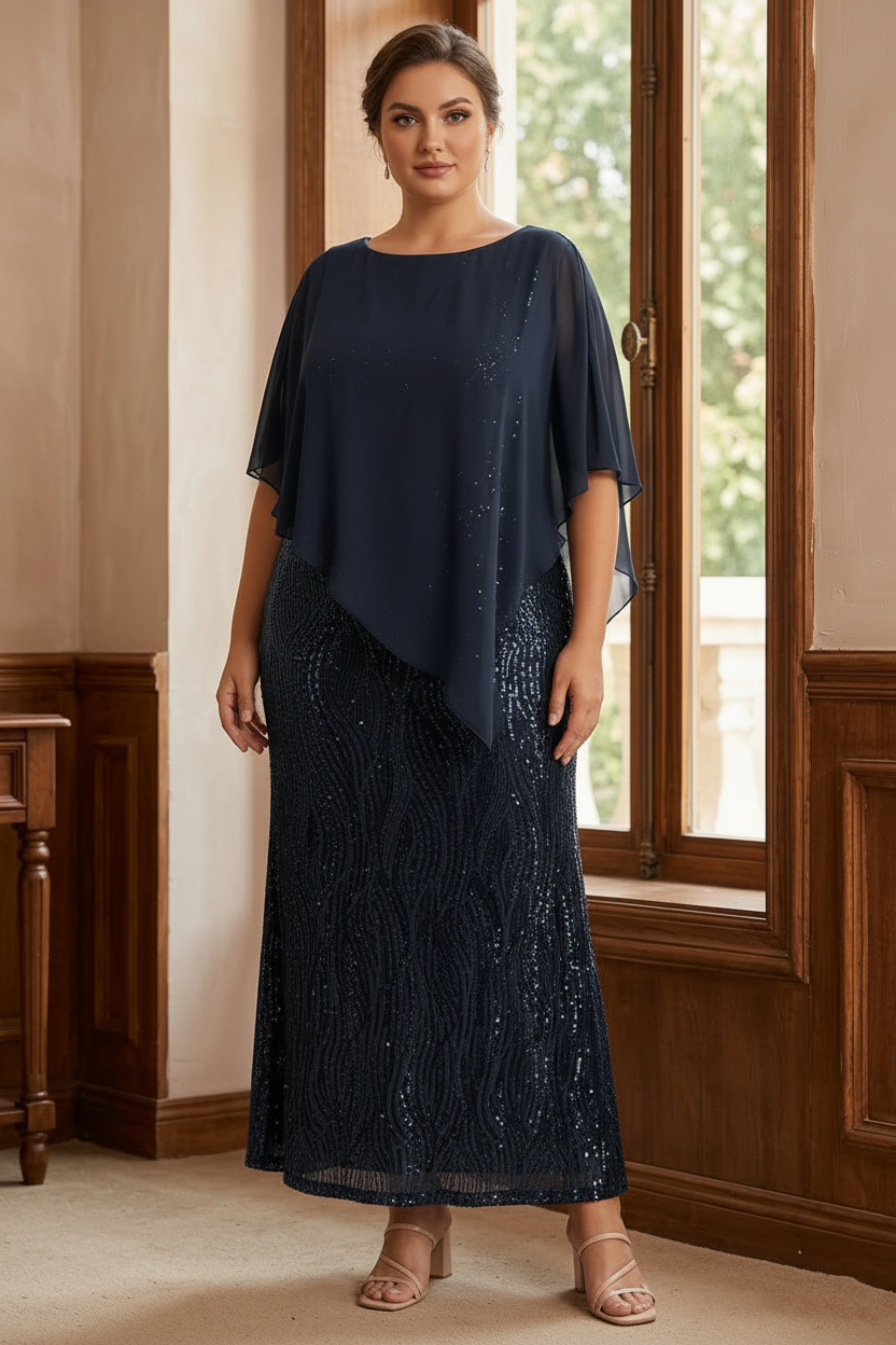 A-Line/Princess Scoop Half Sleeves Ankle-Length Sequined Plus Size Mother of e Bride Dresses with Wrap