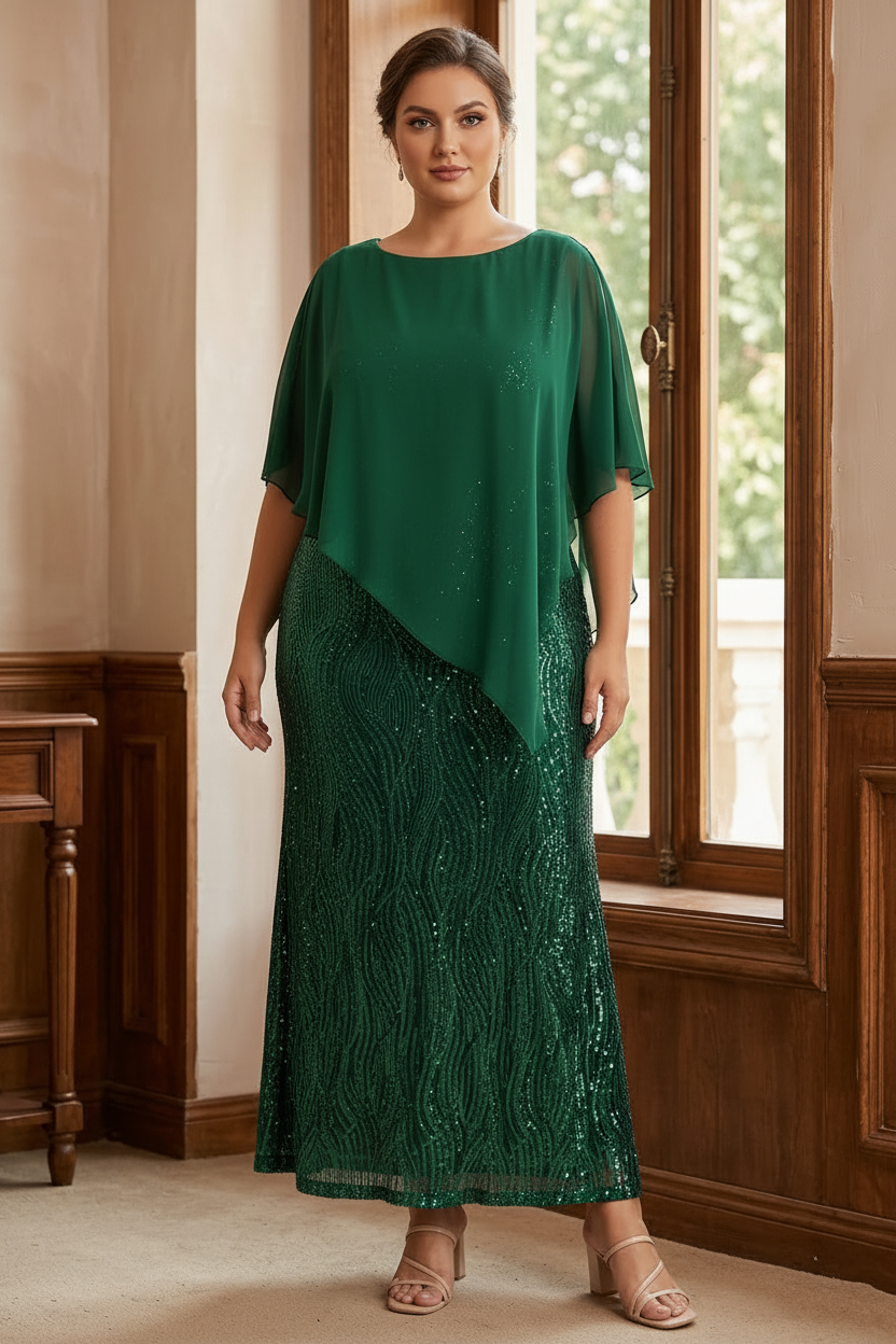 A-Line/Princess Scoop Half Sleeves Ankle-Length Sequined Plus Size Mother of e Bride Dresses with Wrap