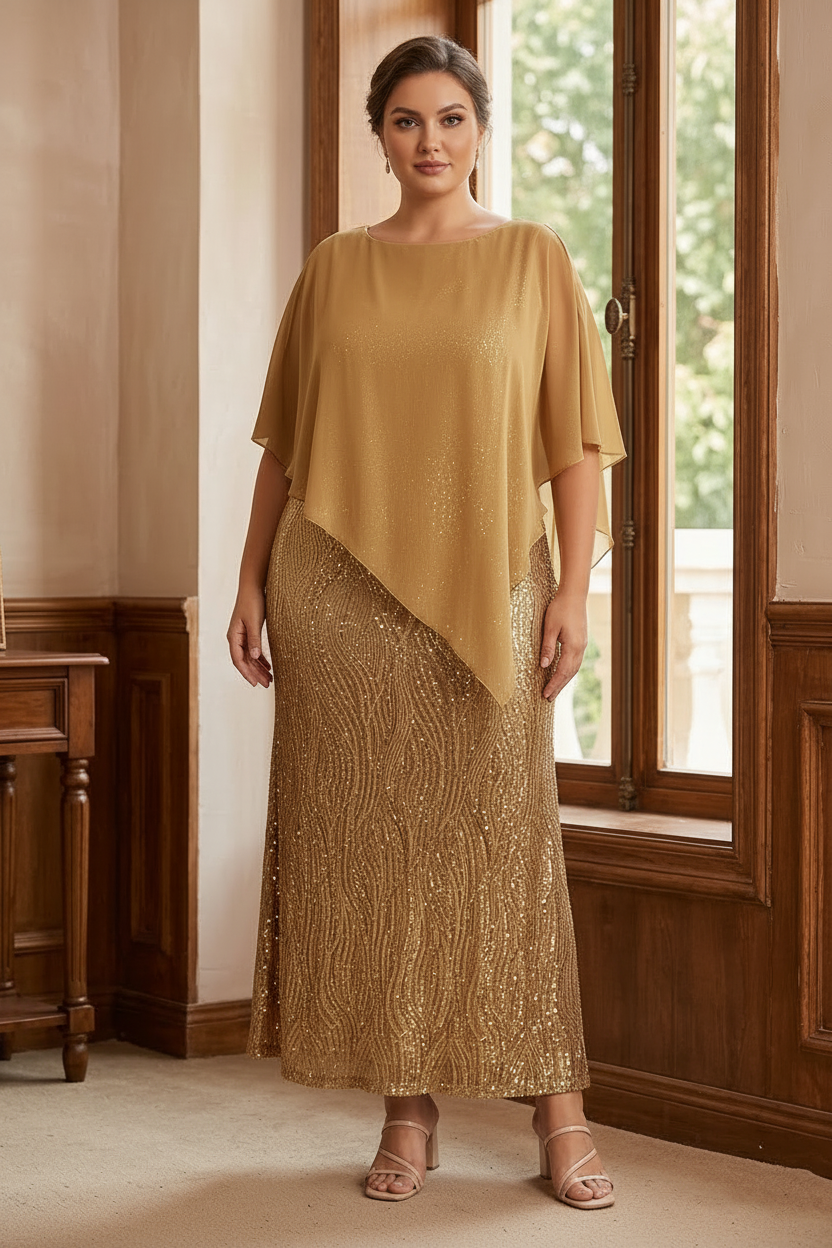 A-Line/Princess Scoop Half Sleeves Ankle-Length Sequined Plus Size Mother of e Bride Dresses with Wrap