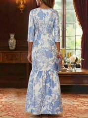 A-Line/Princess Scoop Jacquard Mother of the Bride Dresses Floral Floor-Length 3/4 Sleeves Ruffles