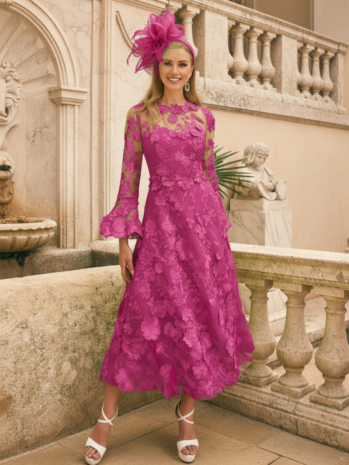 A-Line/Princess Scoop Lace Appliques Mother of the Bride Dresses Floral Long Sleeves Tea-Length, Yellow