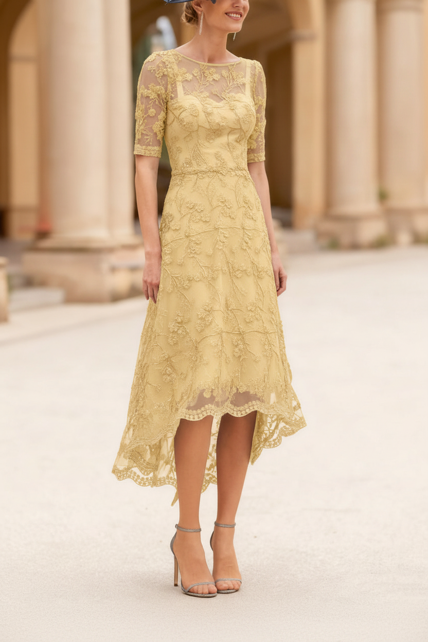 A-Line/Princess Scoop Lace Mother of the Bride Dresses Tea-Length Half Sleeves Cocktail Dresses