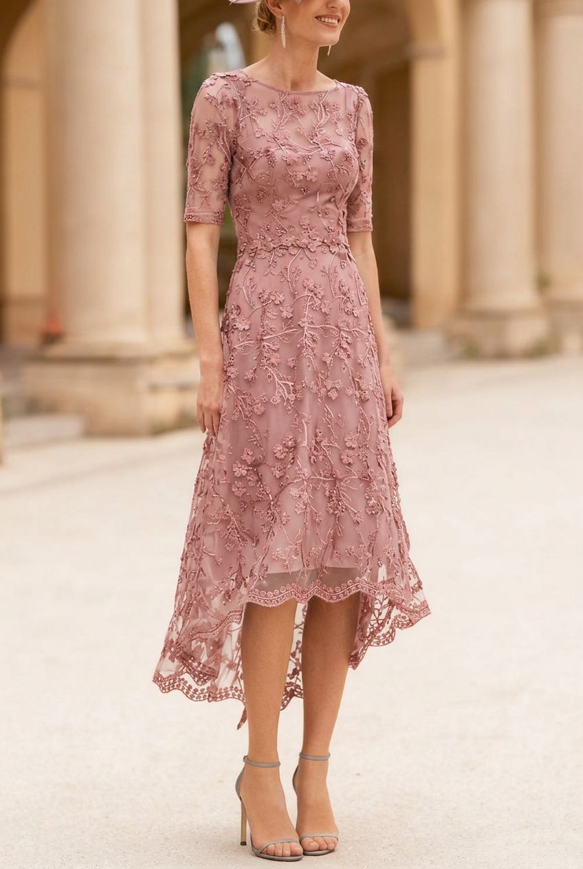 A-Line/Princess Scoop Lace Mother of the Bride Dresses Tea-Length Half Sleeves Cocktail Dresses