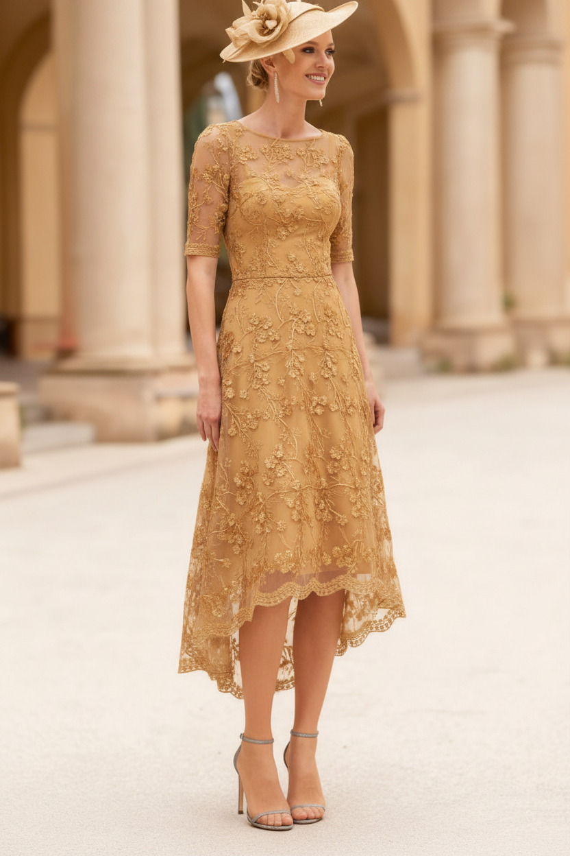 A-Line/Princess Scoop Lace Mother of the Bride Dresses Tea-Length Half Sleeves Cocktail Dresses