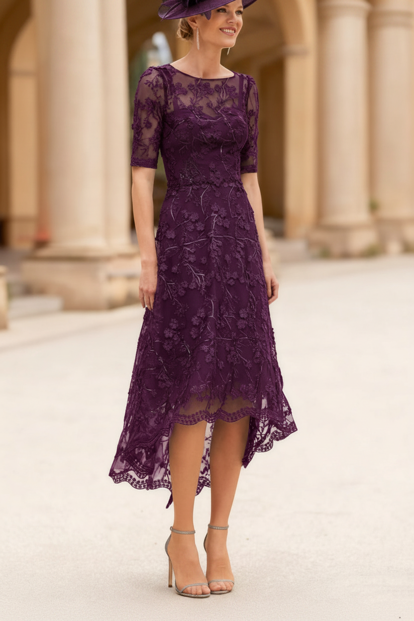 A-Line/Princess Scoop Lace Mother of the Bride Dresses Tea-Length Half Sleeves Cocktail Dresses