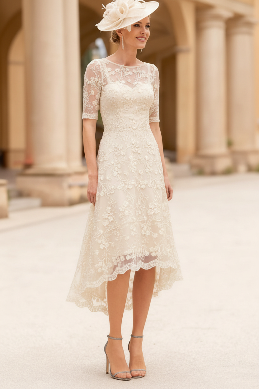 A-Line/Princess Scoop Lace Mother of the Bride Dresses Tea-Length Half Sleeves Cocktail Dresses