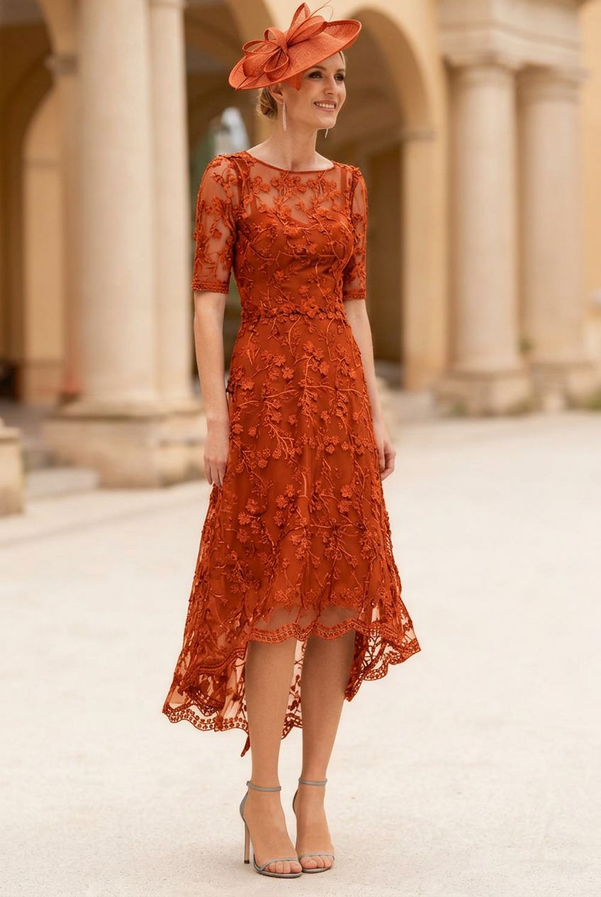 A-Line/Princess Scoop Lace Mother of the Bride Dresses Tea-Length Half Sleeves Cocktail Dresses