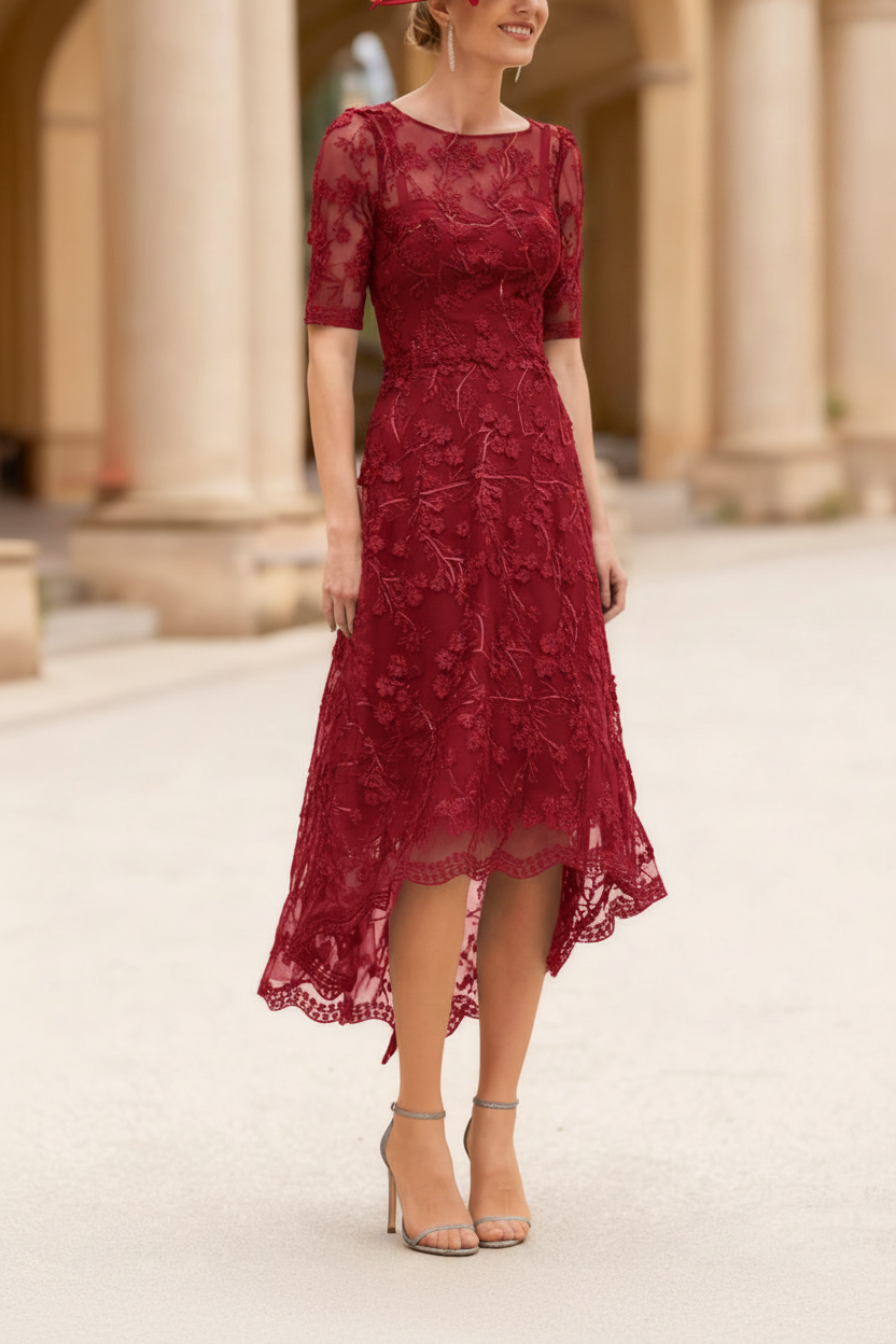 A-Line/Princess Scoop Lace Mother of the Bride Dresses Tea-Length Half Sleeves Cocktail Dresses