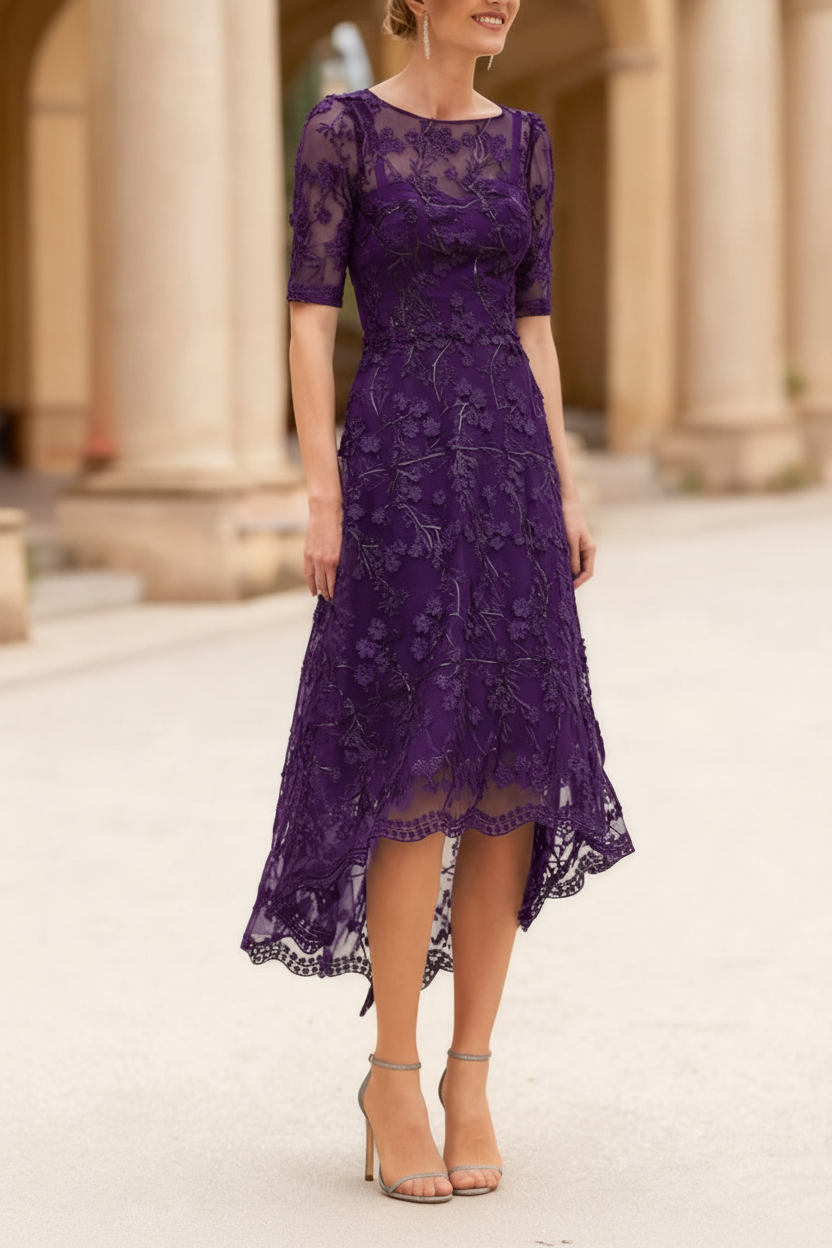 A-Line/Princess Scoop Lace Mother of the Bride Dresses Tea-Length Half Sleeves Cocktail Dresses