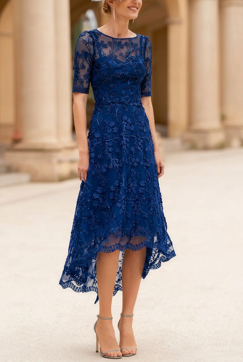 A-Line/Princess Scoop Lace Mother of the Bride Dresses Tea-Length Half Sleeves Cocktail Dresses
