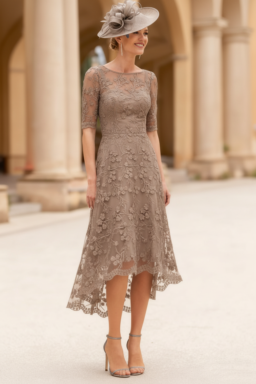 A-Line/Princess Scoop Lace Mother of the Bride Dresses Tea-Length Half Sleeves Cocktail Dresses
