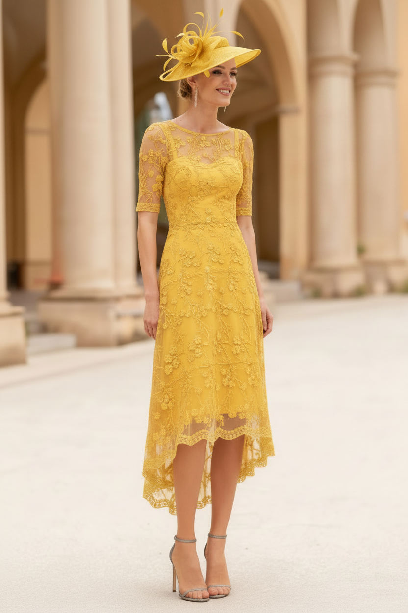 A-Line/Princess Scoop Lace Mother of the Bride Dresses Tea-Length Half Sleeves Cocktail Dresses