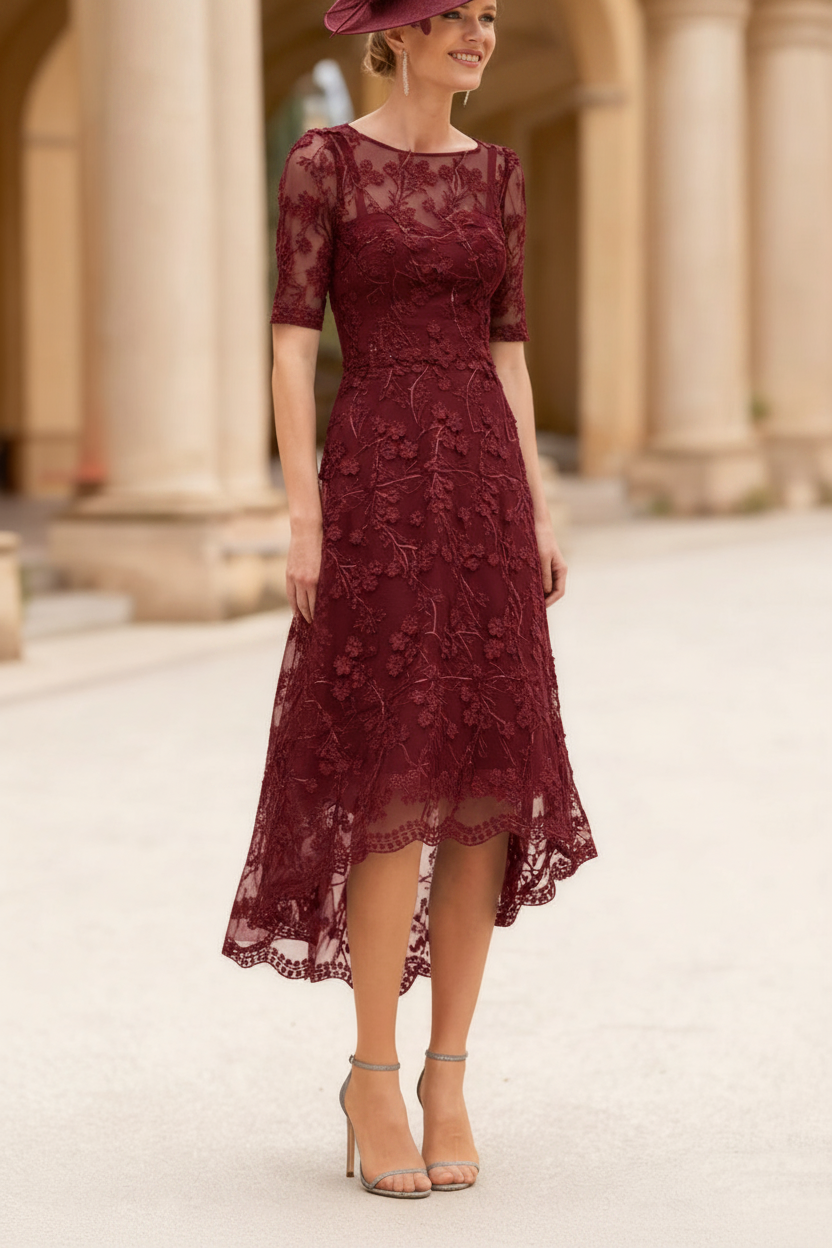 A-Line/Princess Scoop Lace Mother of the Bride Dresses Tea-Length Half Sleeves Cocktail Dresses