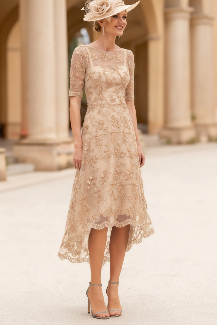 A-Line/Princess Scoop Lace Mother of the Bride Dresses Tea-Length Half Sleeves Cocktail Dresses