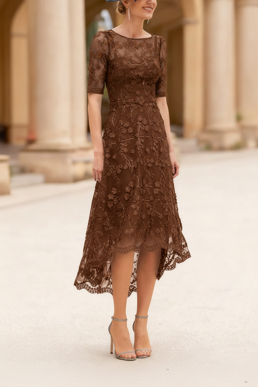A-Line/Princess Scoop Lace Mother of the Bride Dresses Tea-Length Half Sleeves Cocktail Dresses