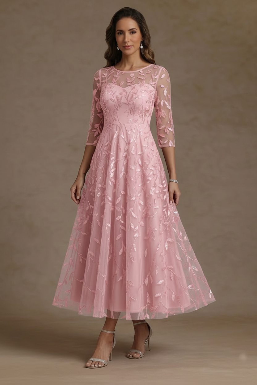 A-Line/Princess Scoop Lace Sequins Mother of the Bride Dresses 3/4 Sleeves Floral Tea-Length