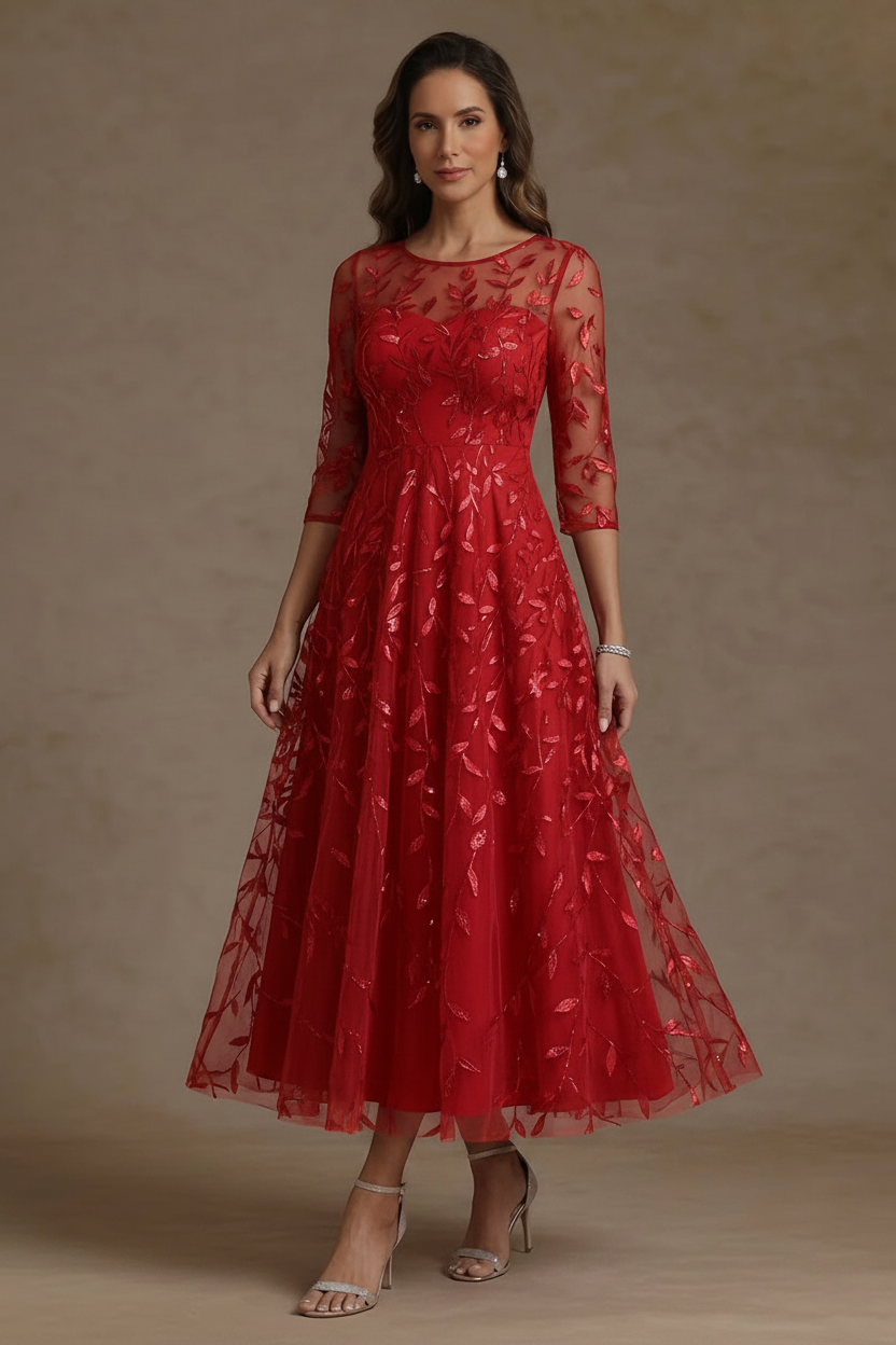 A-Line/Princess Scoop Lace Sequins Mother of the Bride Dresses 3/4 Sleeves Floral Tea-Length