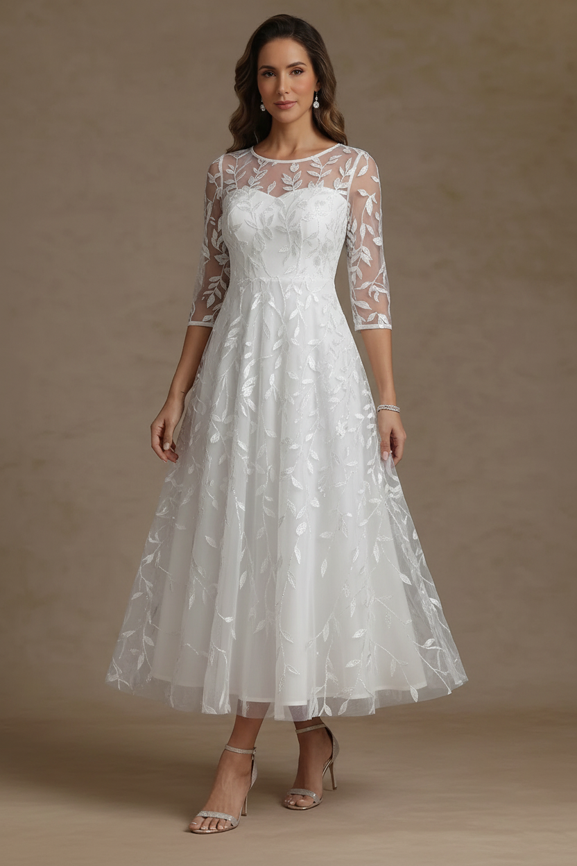 A-Line/Princess Scoop Lace Sequins Mother of the Bride Dresses 3/4 Sleeves Floral Tea-Length
