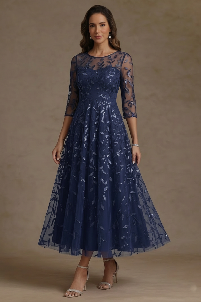 A-Line/Princess Scoop Lace Sequins Mother of the Bride Dresses 3/4 Sleeves Floral Tea-Length