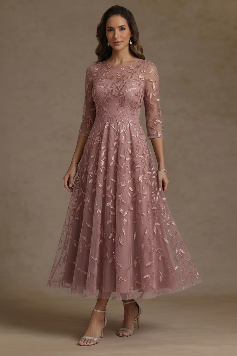 A-Line/Princess Scoop Lace Sequins Mother of the Bride Dresses 3/4 Sleeves Floral Tea-Length