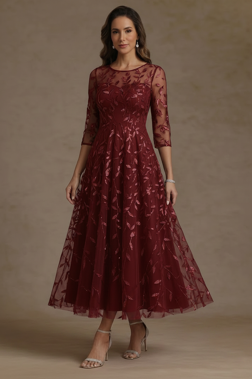 A-Line/Princess Scoop Lace Sequins Mother of the Bride Dresses 3/4 Sleeves Floral Tea-Length