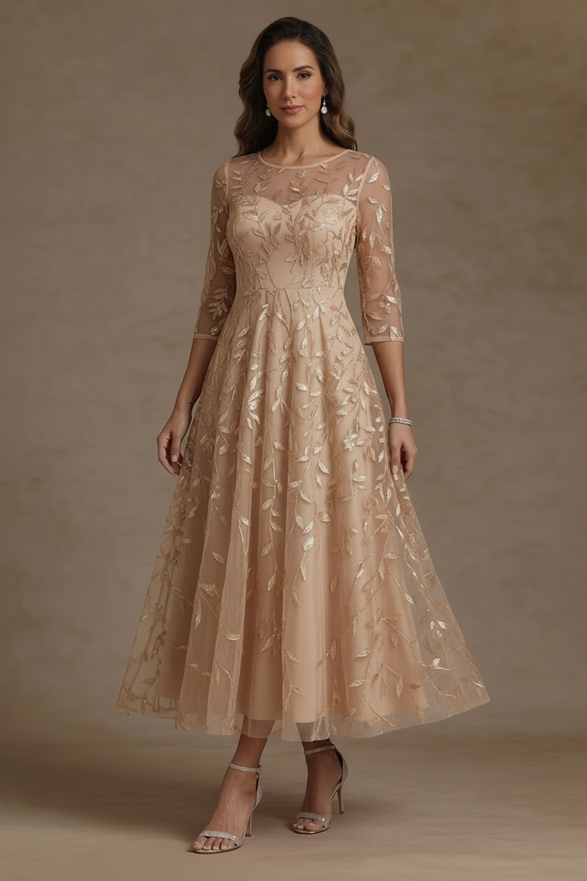 A-Line/Princess Scoop Lace Sequins Mother of the Bride Dresses 3/4 Sleeves Floral Tea-Length