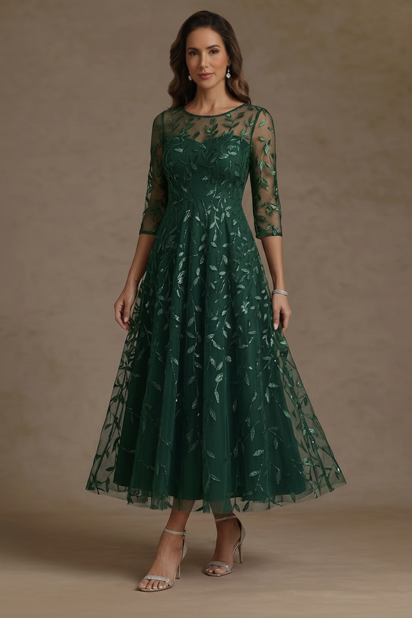 A-Line/Princess Scoop Lace Sequins Mother of the Bride Dresses 3/4 Sleeves Floral Tea-Length