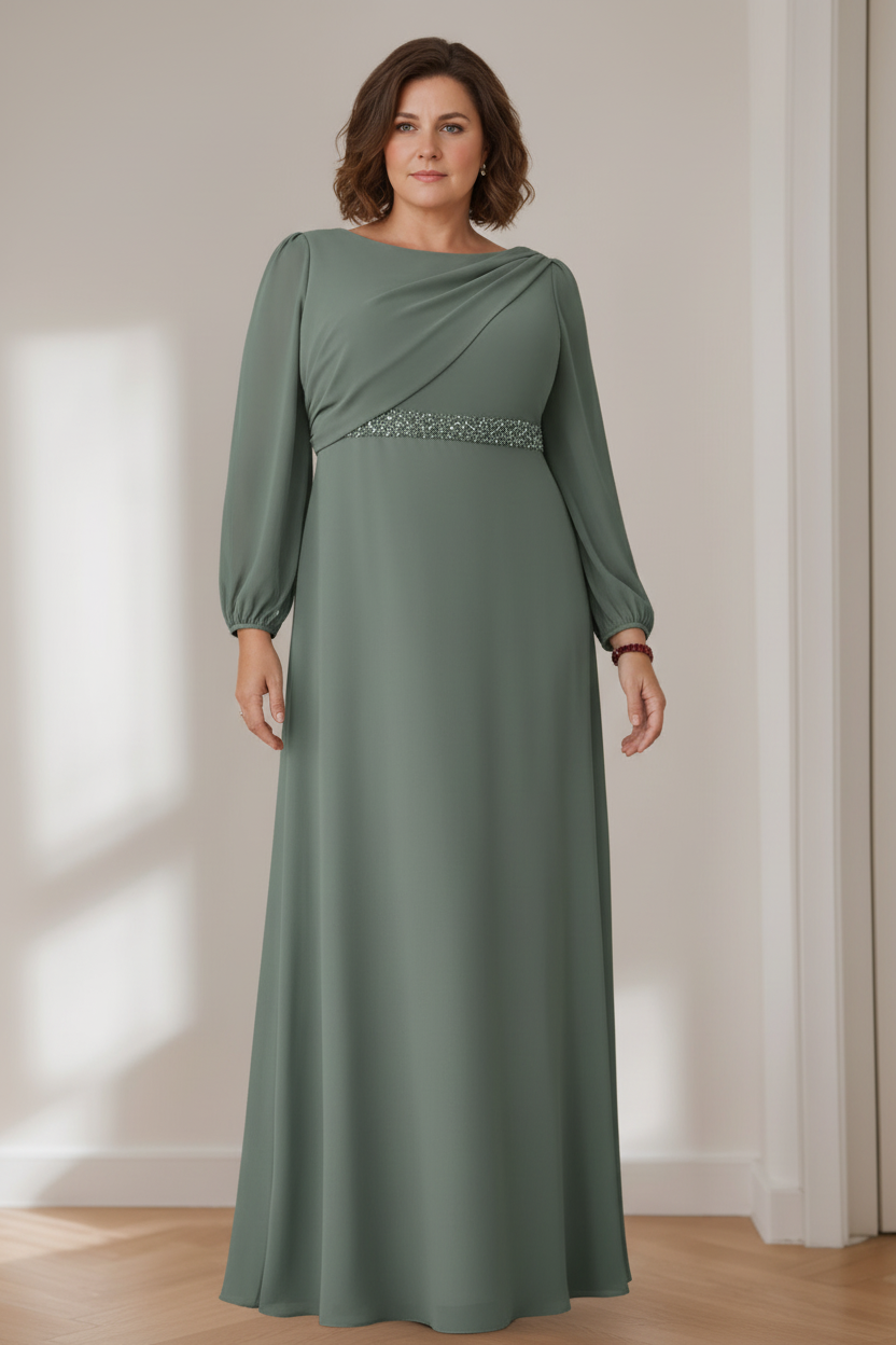A-Line/Princess Scoop Long Sleeves Floor-Length Plus Size Mother of the Bride Dresses with Beaded, Pleated & Cascading Ruffles