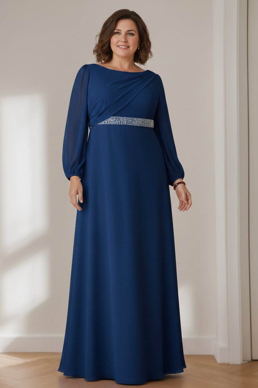 A-Line/Princess Scoop Long Sleeves Floor-Length Plus Size Mother of the Bride Dresses with Beaded, Pleated & Cascading Ruffles